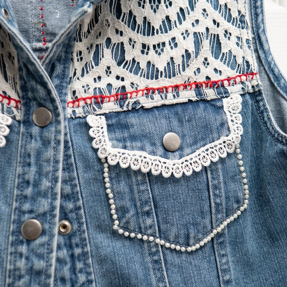 Blue Denim Vest VTG 90s Lace Trim Embroidery Boho CottageCore Western Artsy Y2K - Picture 3 of 8